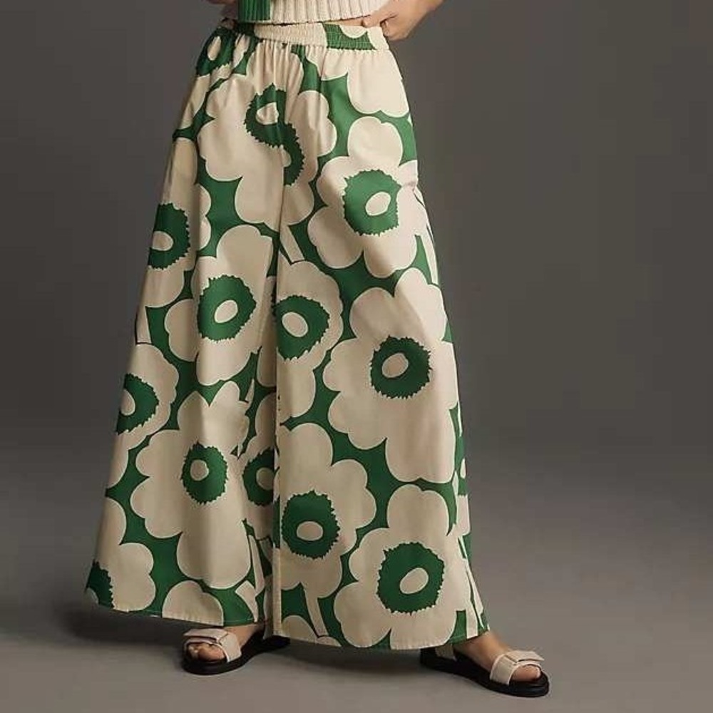 Marimekko Kohti Unikko Flowy Wide-Leg Trousers Green Cream Cotton Floral XL